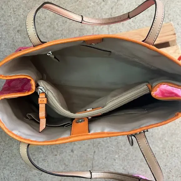 Coach Pink Signature Stripe Tote Bag Orange Trim Leather Handbag - Picture 6 of 14
